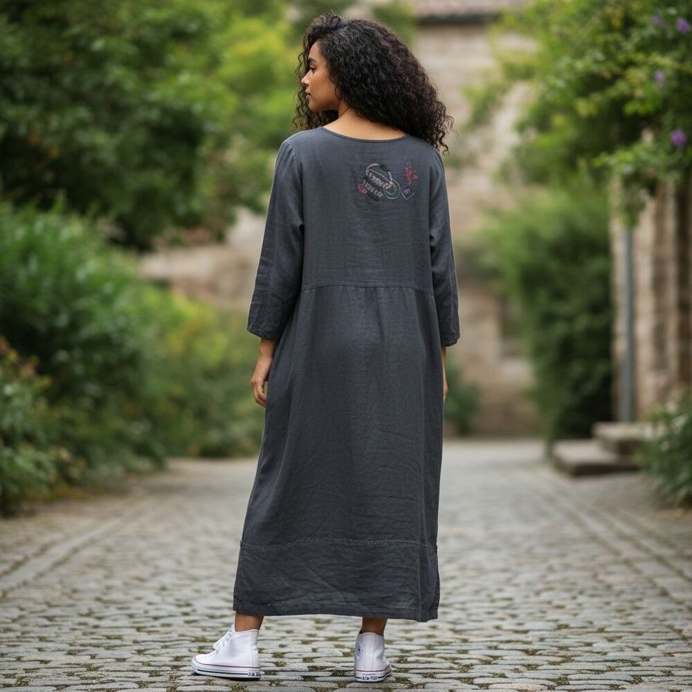 Vintage Lucky & Izzy M/L Linen Long Sleeve Dress Hand Painted Wearable Art Boho - Picture 2 of 13